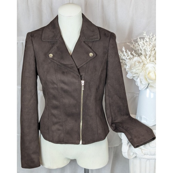 WHBM Brown Faux Suede Long Sleeve Zip Front Moto Jacket Size 2 - Picture 3 of 9